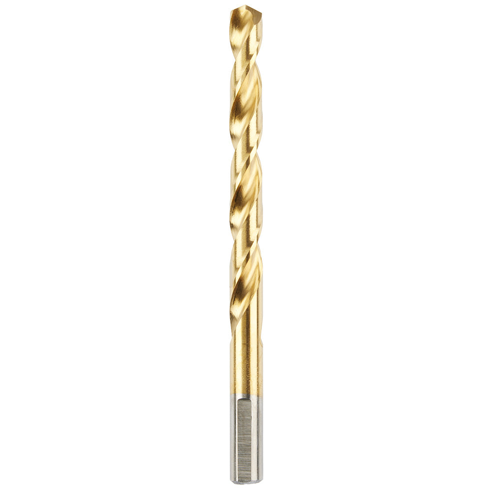 Gold titanium-coated twist drill bit with fluted shaft and cylindrical shank.