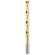Gold titanium-coated twist drill bit with fluted shaft and cylindrical shank.