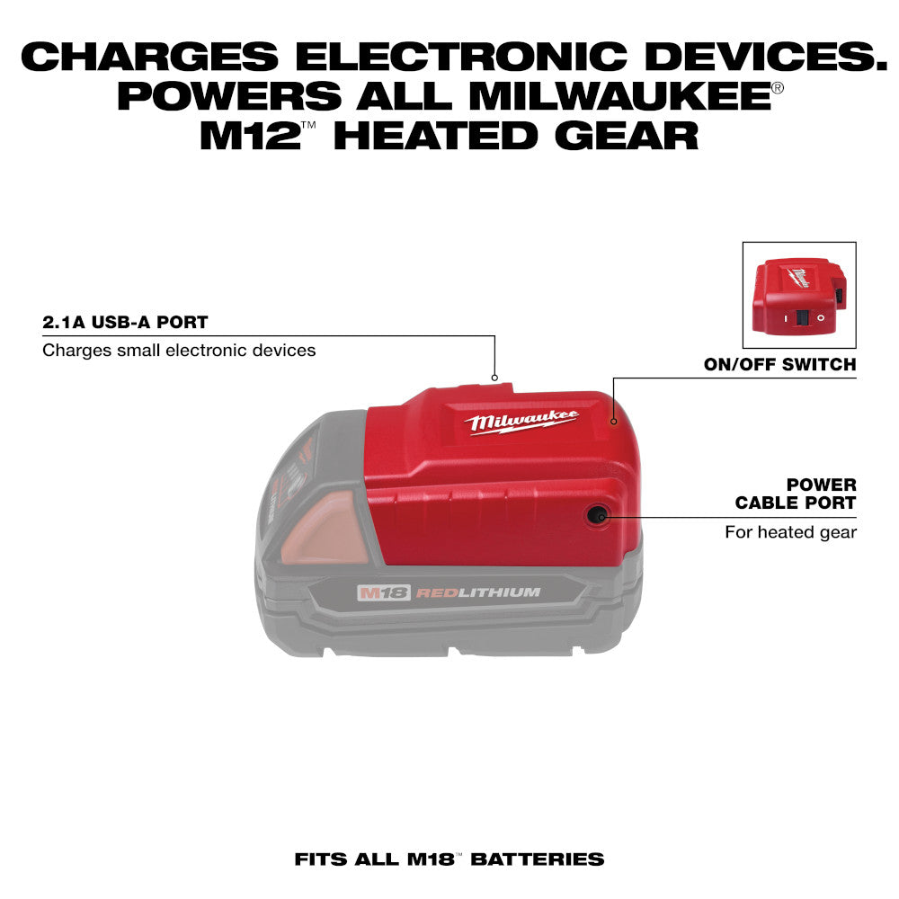 Red Milwaukee M18 power source with USB-A port, on/off switch, and power cable port for heated gear.