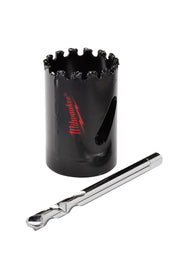Black Milwaukee carbide grit hole saw with serrated cutting edge and matching arbor bit, displayed separately.