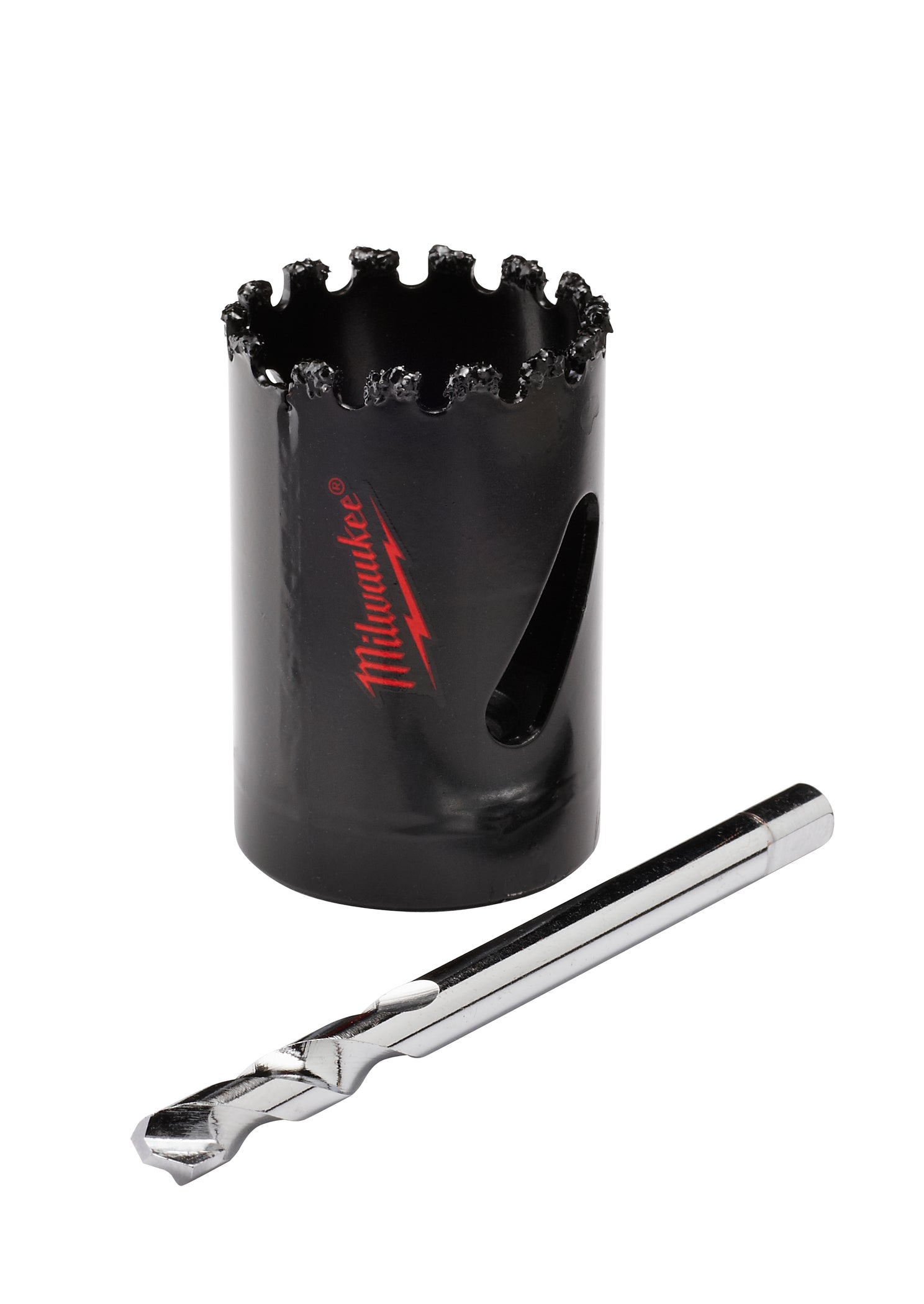 Black Milwaukee carbide grit hole saw with serrated cutting edge and matching arbor bit, displayed separately.