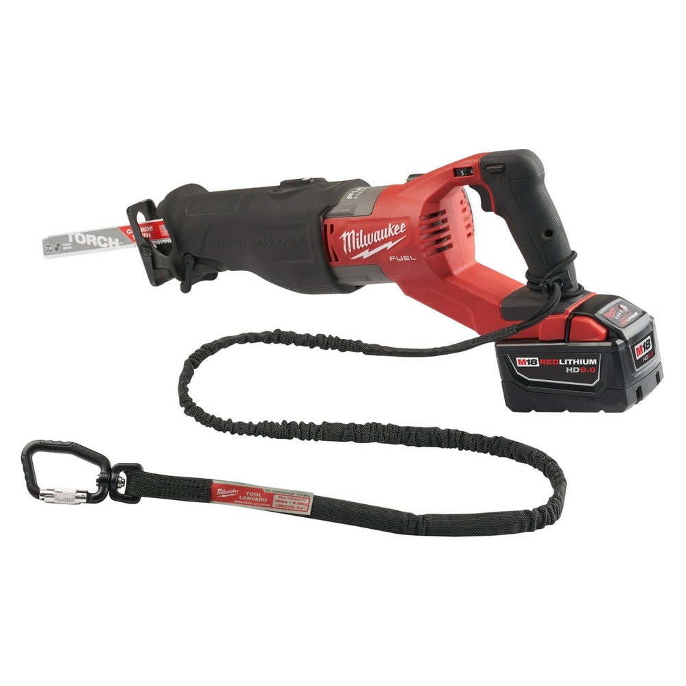 Black nylon tool lanyard with metal carabiner clip and elastic coiled cord section attached to Milwaukee reciprocating saw.