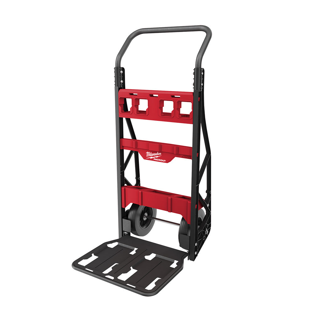 Red and black two-wheel cart with gray handles, black wheels, and flat platform base for tool storage.