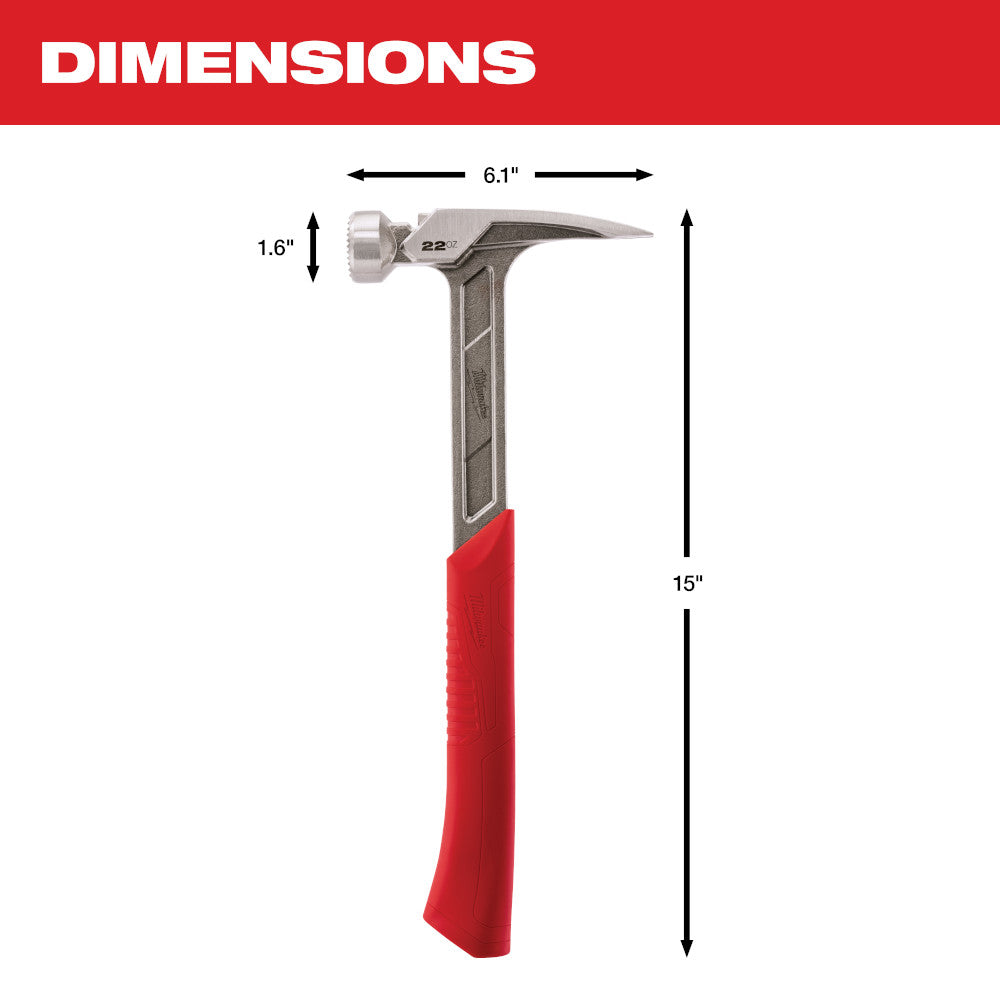 22 oz framing hammer with milled face, metal head with claw, and red grip handle, 15 inches long overall.