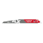 Milwaukee AX reciprocating saw blade with carbide teeth and serrated edge for wood cutting.