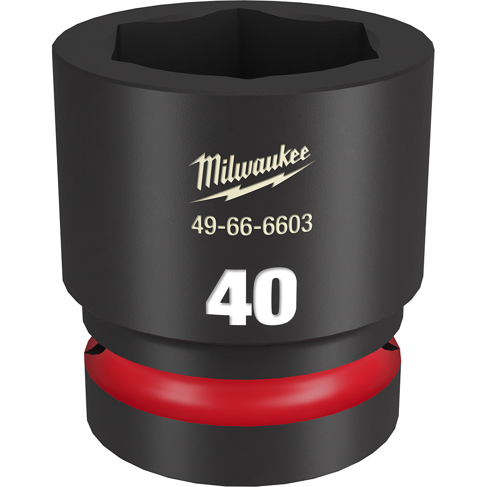 Black cylindrical socket with red grip band, hexagonal opening, Milwaukee logo and 40MM size marking visible.