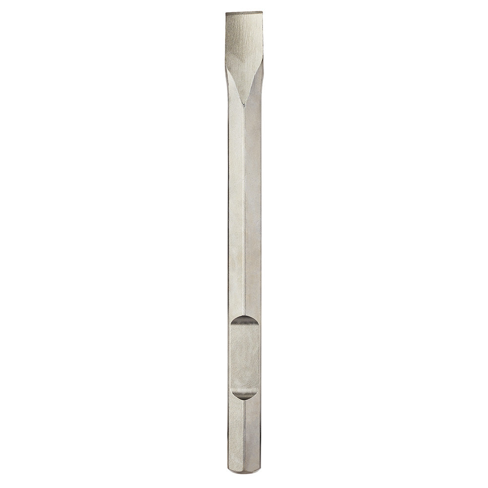 Milwaukee narrow hex chisel with flat blade tip and cylindrical hex shank, approximately 16 inches long.