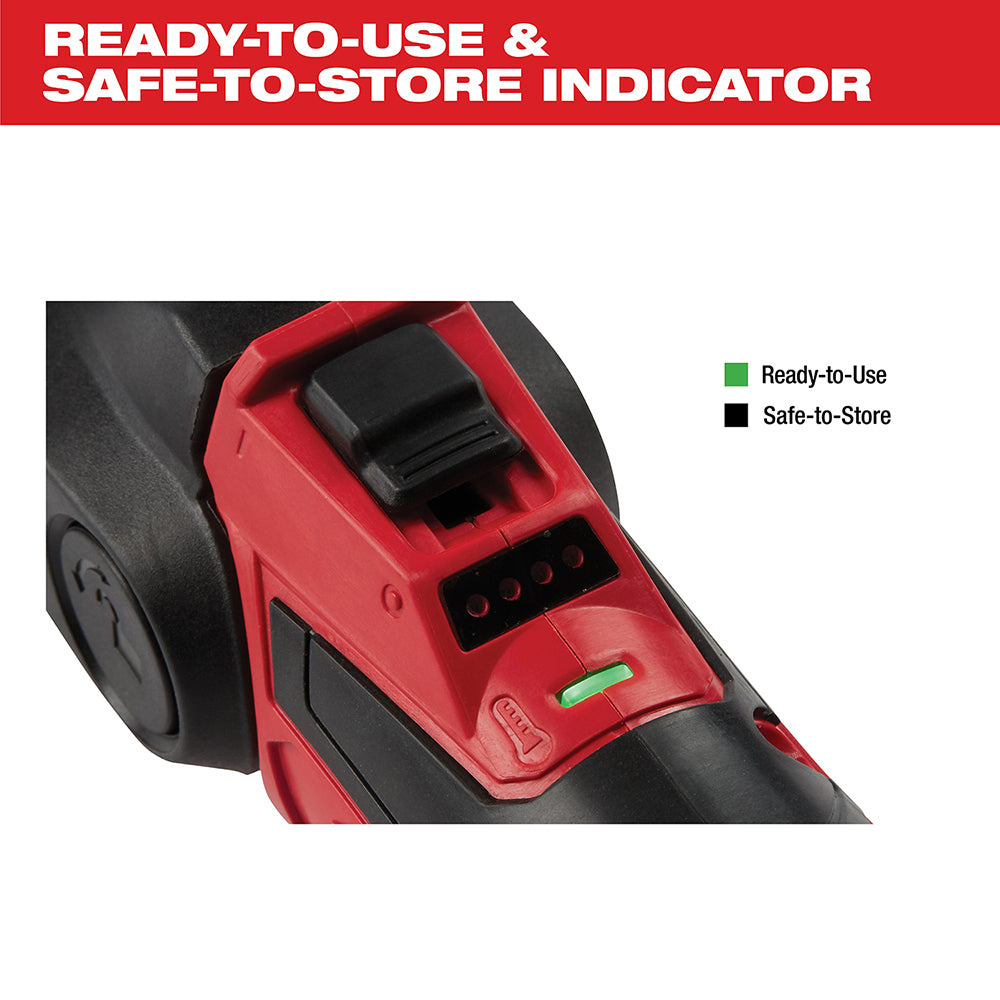 M12 soldering iron with red and black handle showing ready-to-use green indicator light and safe-to-store status display.