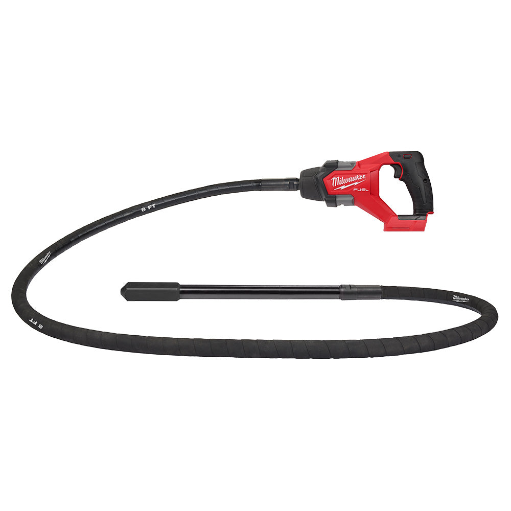 Red and black Milwaukee M18 FUEL concrete pencil vibrator with 8-foot flexible hose and grip handle.