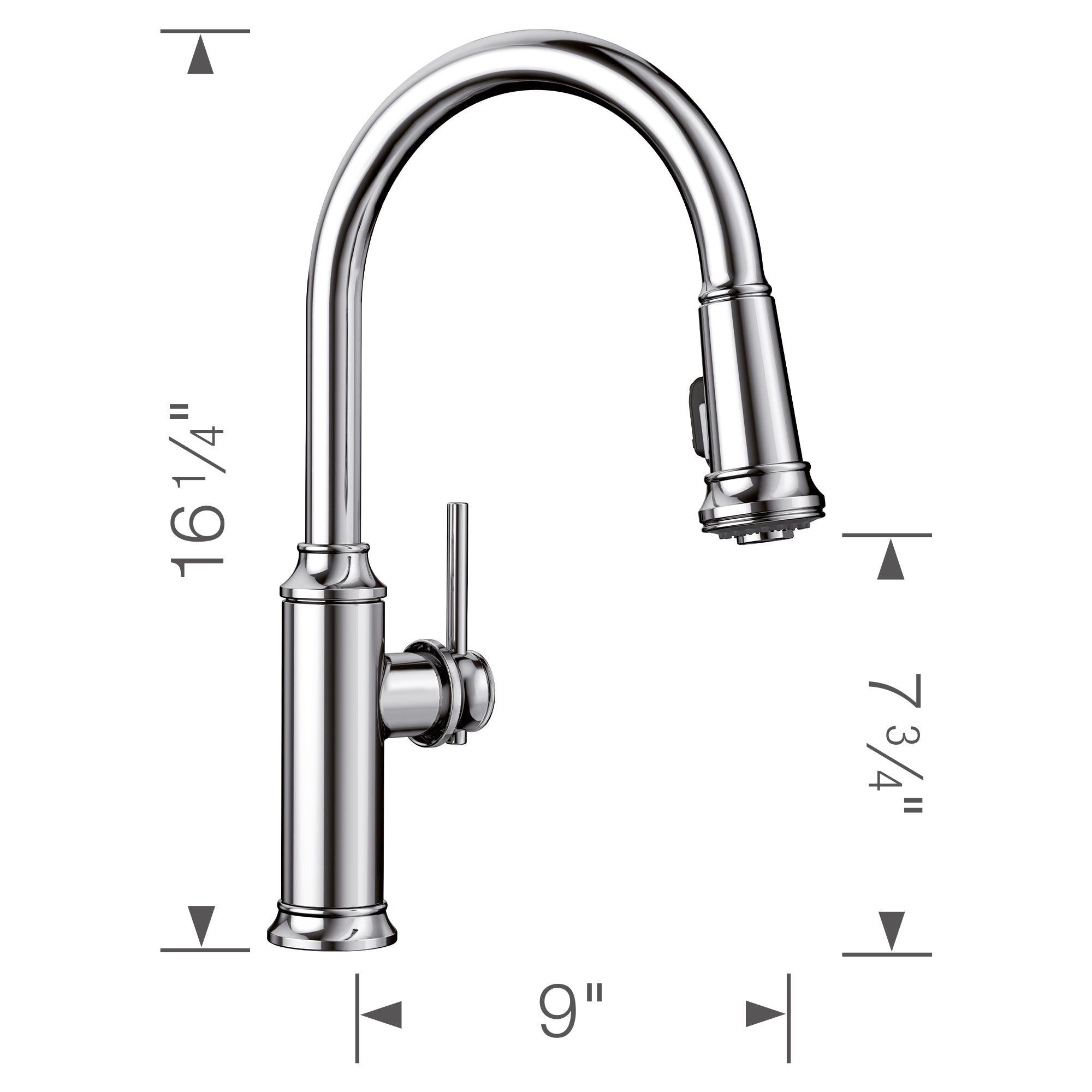 Chrome pull-down kitchen faucet with high arc spout and single lever handle.