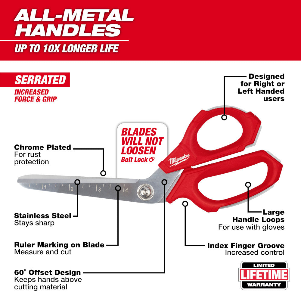 Red and gray offset scissors with serrated stainless steel blades, large handle loops, and bolt lock mechanism for jobsite us