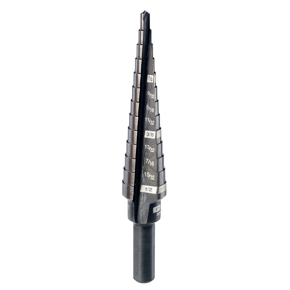 Black Milwaukee step drill bit with conical fluted head marked with size increments from 1/8 inch to 1/2 inch.
