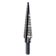 Black Milwaukee step drill bit with conical fluted head marked with size increments from 1/8 inch to 1/2 inch.