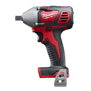 Milwaukee M18 cordless impact wrench with 1/2 inch drive, red and black body, shown without battery.