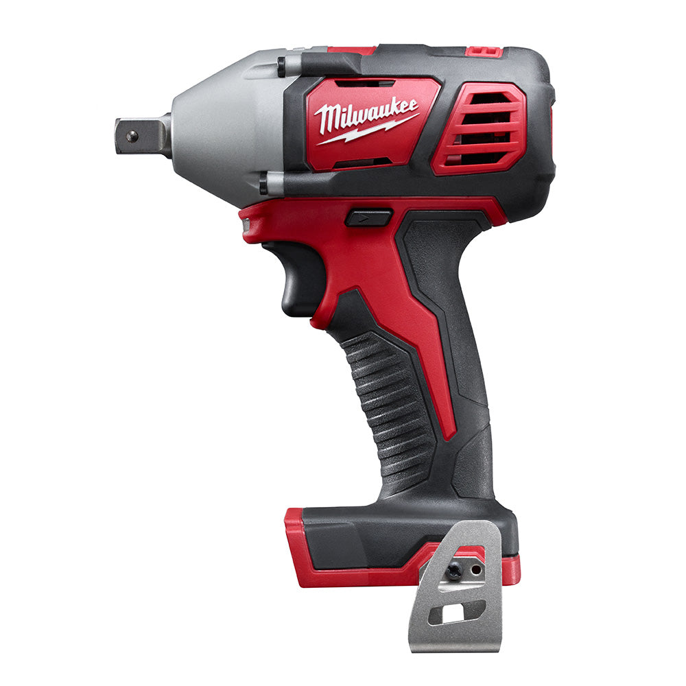 Milwaukee M18 cordless impact wrench with 1/2 inch drive, red and black body, shown without battery.