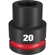 Black impact socket with red band, marked "20", featuring hexagonal drive opening on top.