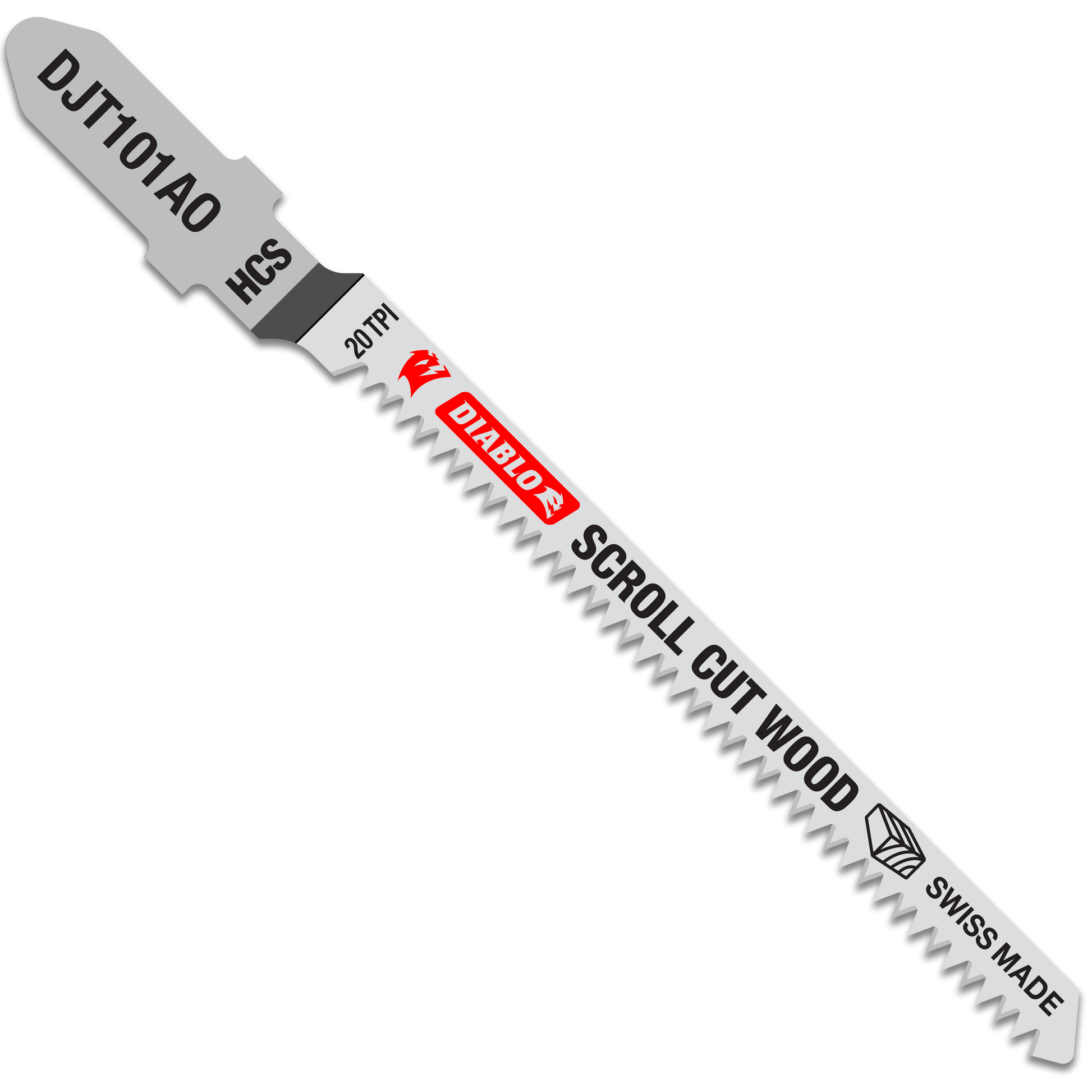 Single Diablo T-shank jig saw blade with fine teeth for wood scroll cutting.