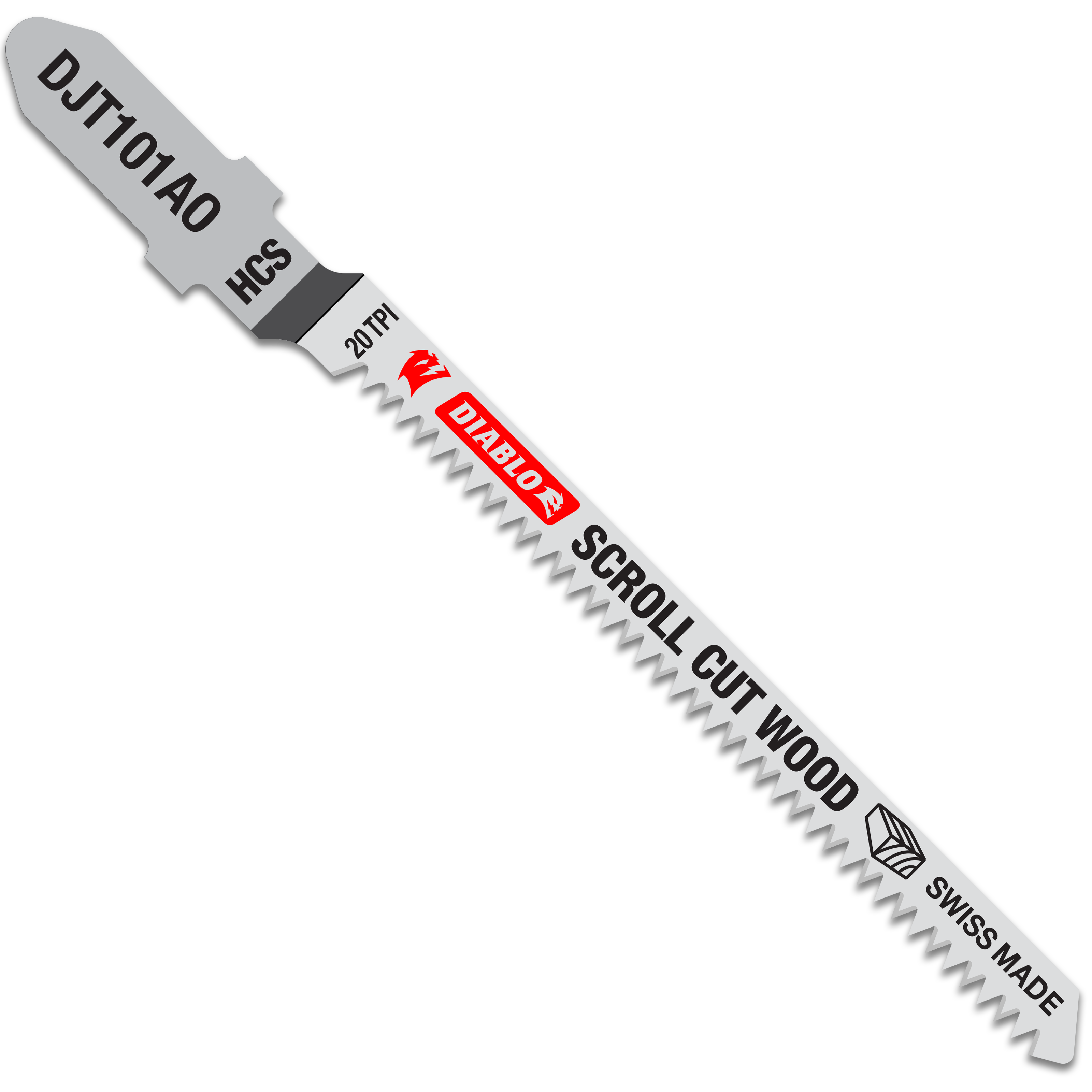 Single Diablo T-shank jig saw blade with fine teeth for wood scroll cutting.