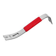 Steel pry bar with red grip handle, flat chisel end and curved claw end.