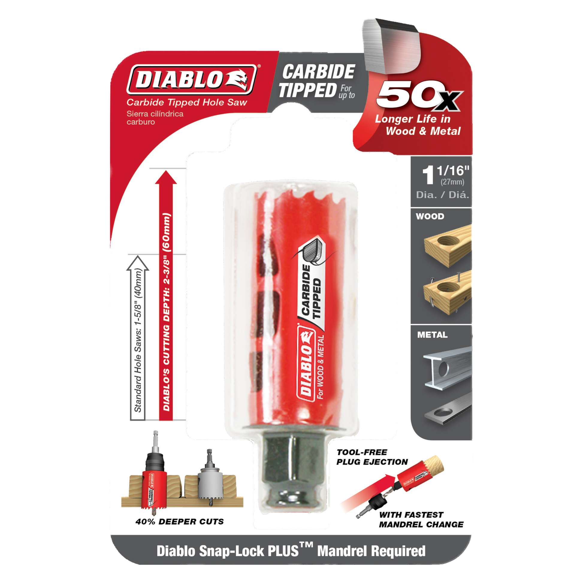 Diablo 1-1/16 inch carbide-tipped holesaw with red body, cutting edges, and green mandrel shown in packaging.