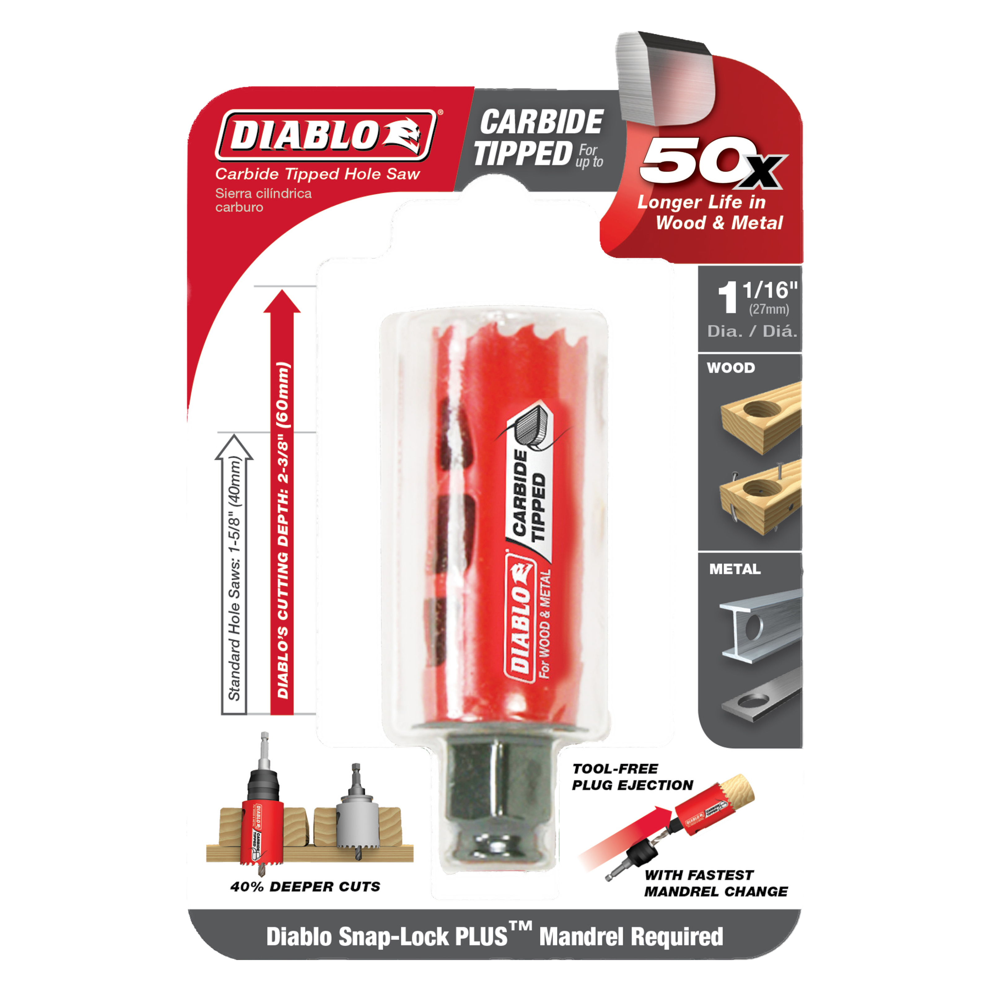 Diablo 1-1/16 inch carbide-tipped holesaw with red body, cutting edges, and green mandrel shown in packaging.
