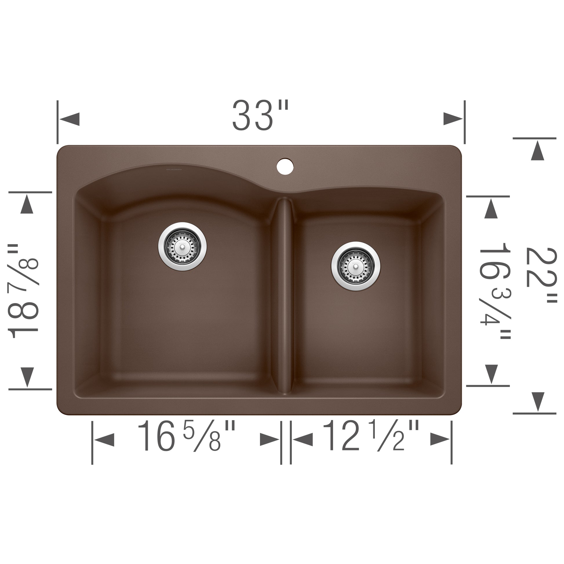 Cafe brown double bowl drop-in kitchen sink with two strainers and center divider, dimensions labeled 33" width.