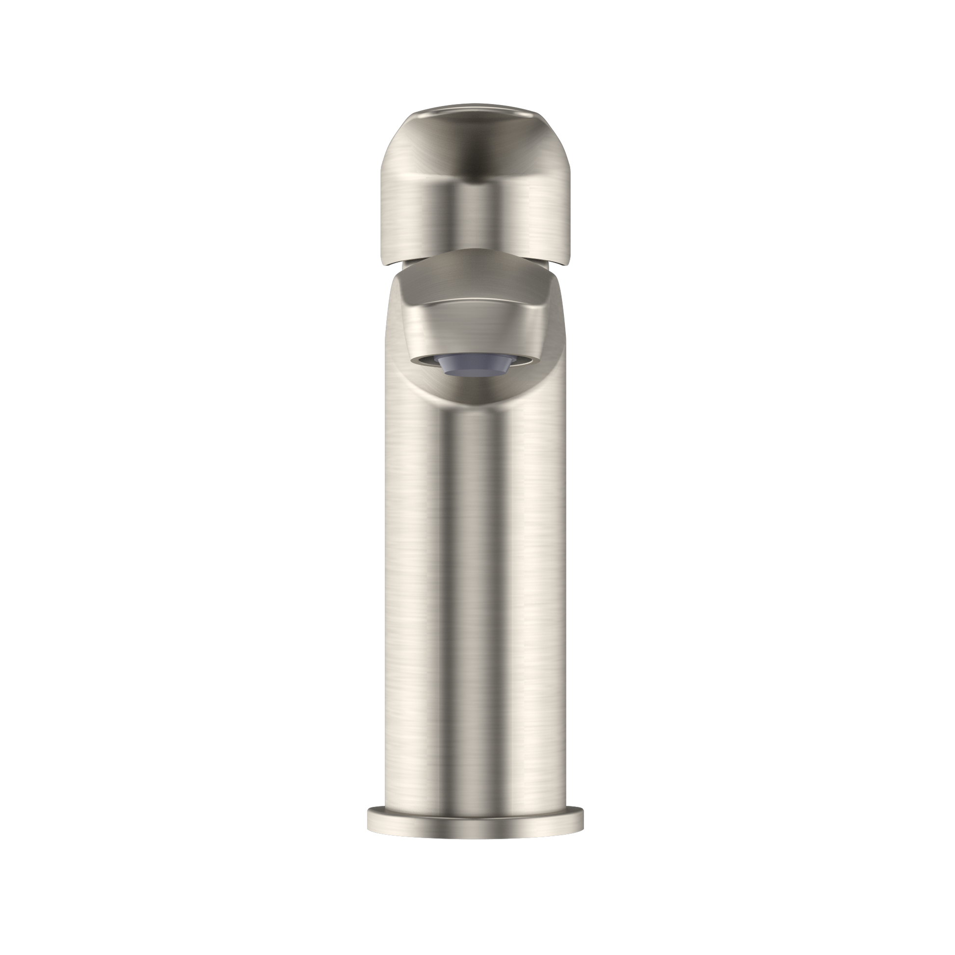 Brushed nickel single-handle bathroom sink faucet with tall cylindrical body and rounded cap spout.