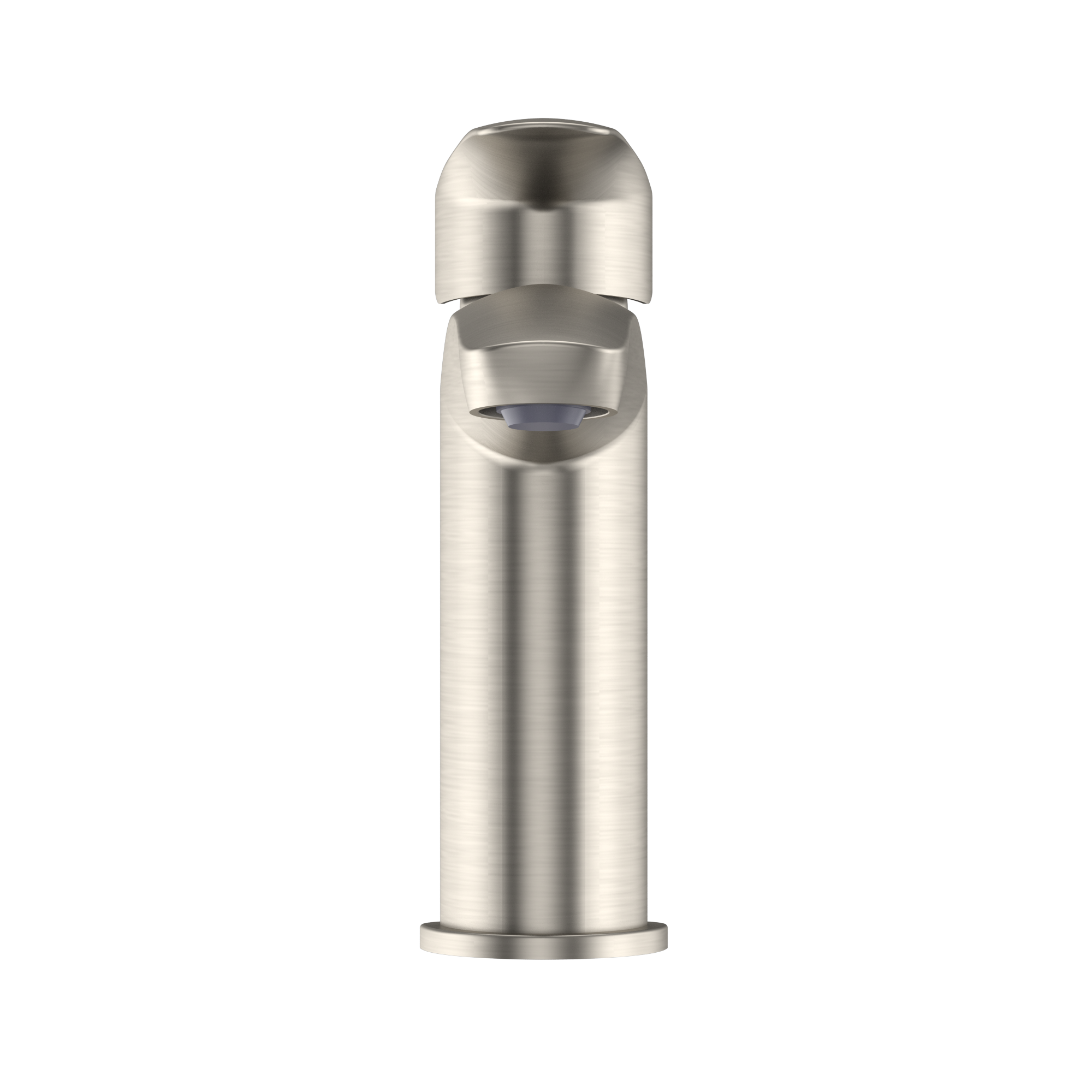 Brushed nickel single-handle bathroom sink faucet with tall cylindrical body and rounded cap spout.