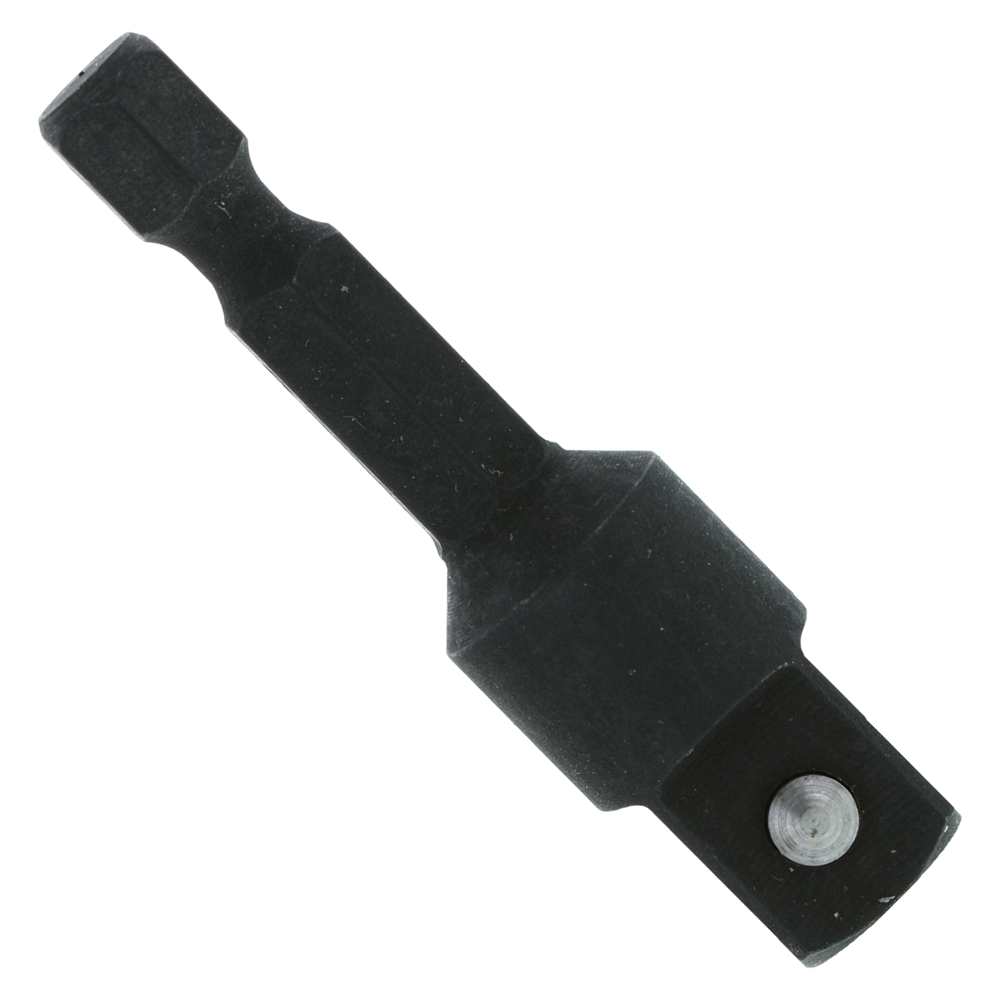 Black socket adapter with 3/8 inch square drive on one end and 1/4 inch hex connection on the other end.