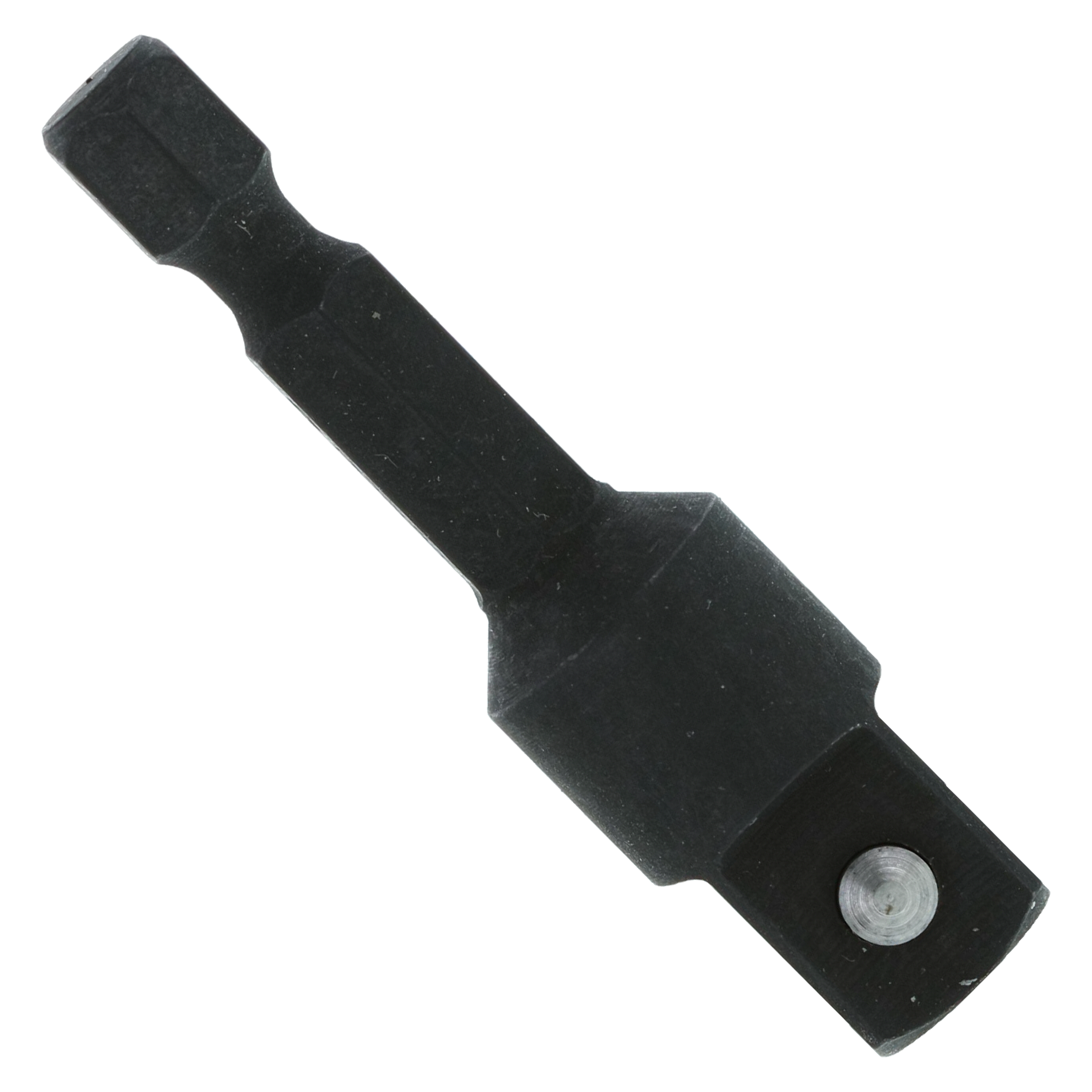 Black socket adapter with 3/8 inch square drive on one end and 1/4 inch hex connection on the other end.