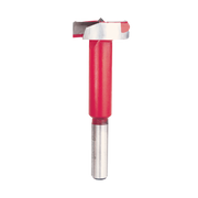 Freud FC-009 1-1/4" Forstner bit with red plastic body, metal cutting head, and silver shank.