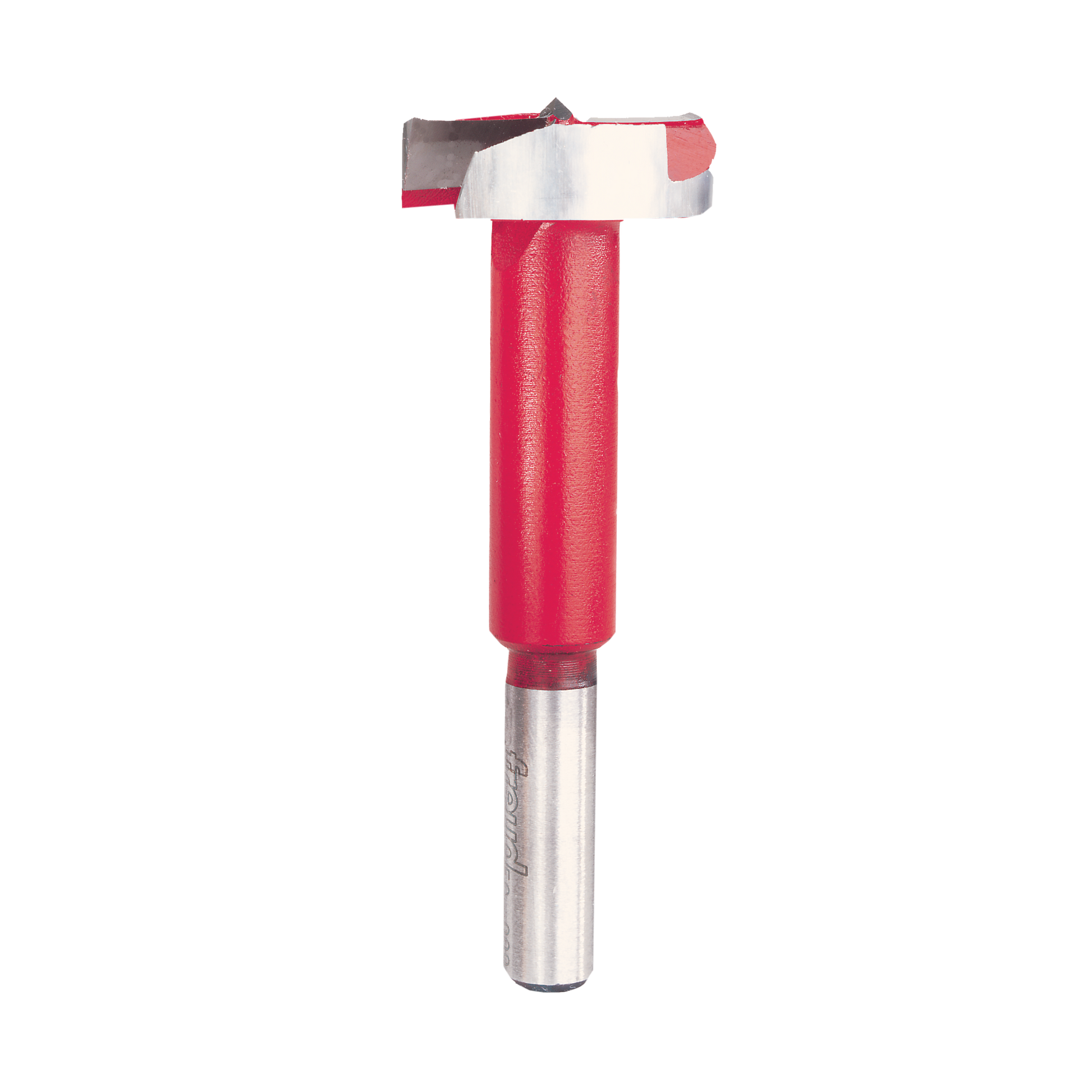 Freud FC-009 1-1/4" Forstner bit with red plastic body, metal cutting head, and silver shank.
