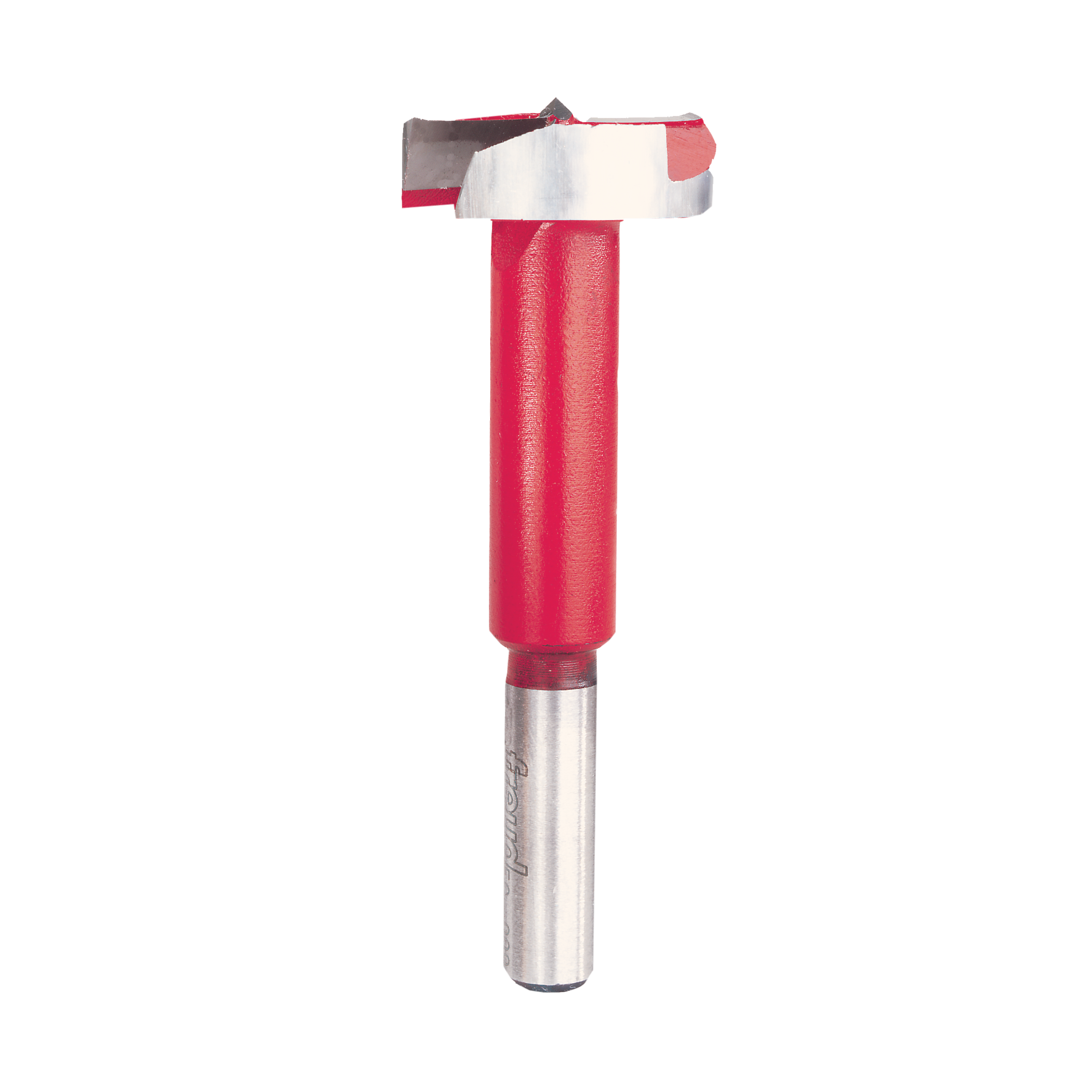 Freud FC-009 1-1/4" Forstner bit with red plastic body, metal cutting head, and silver shank.