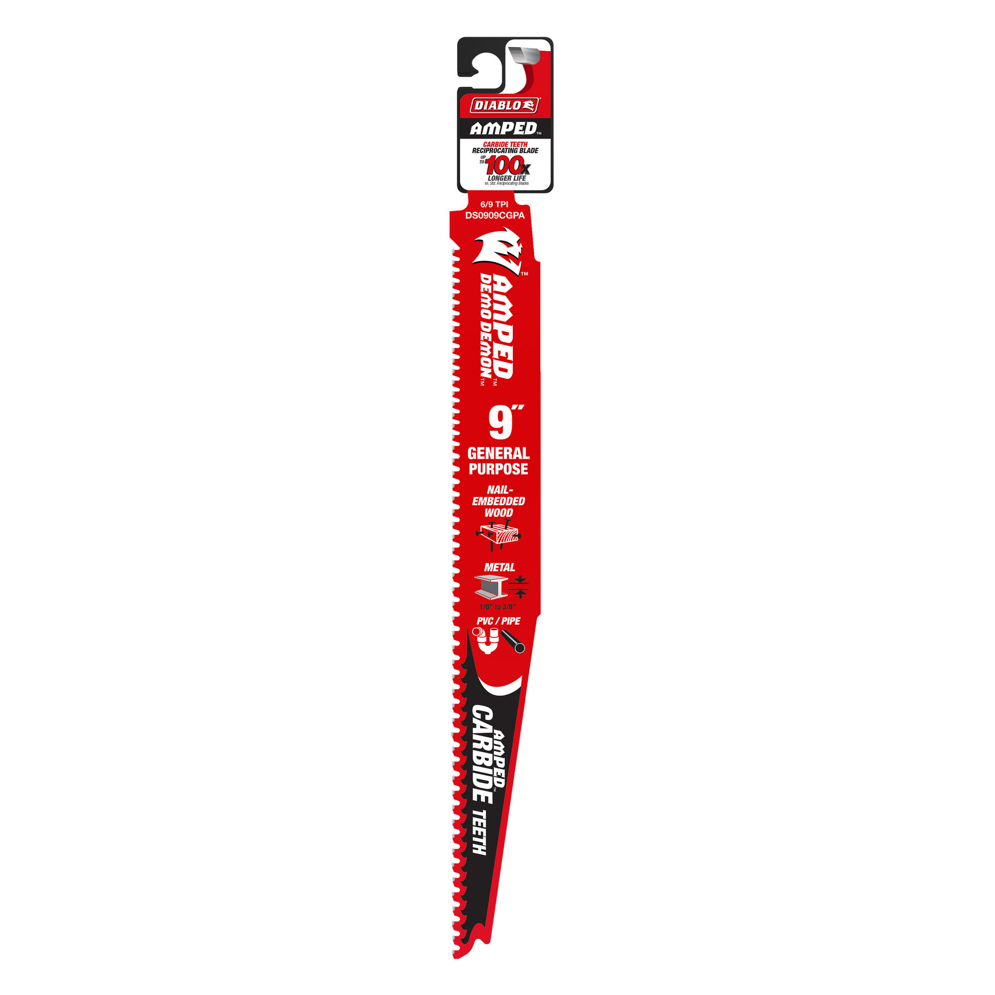 Diablo 9-inch reciprocating saw blade with red and black body, carbide teeth, and packaging label at top.