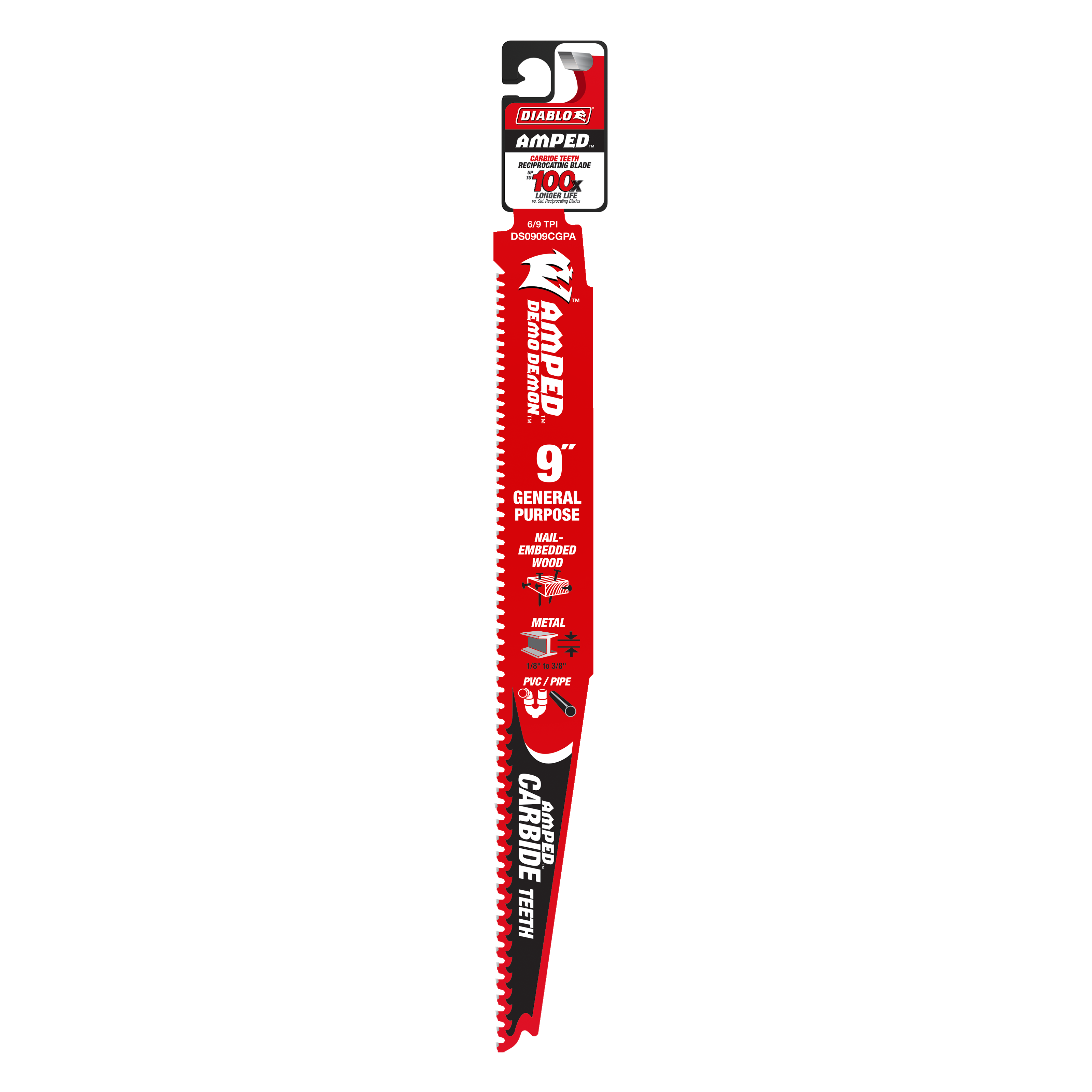 Diablo 9-inch reciprocating saw blade with red and black body, carbide teeth, and packaging label at top.