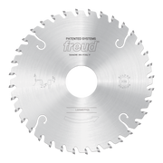 Circular saw blade with conical scoring teeth and center arbor hole on silver steel disc.