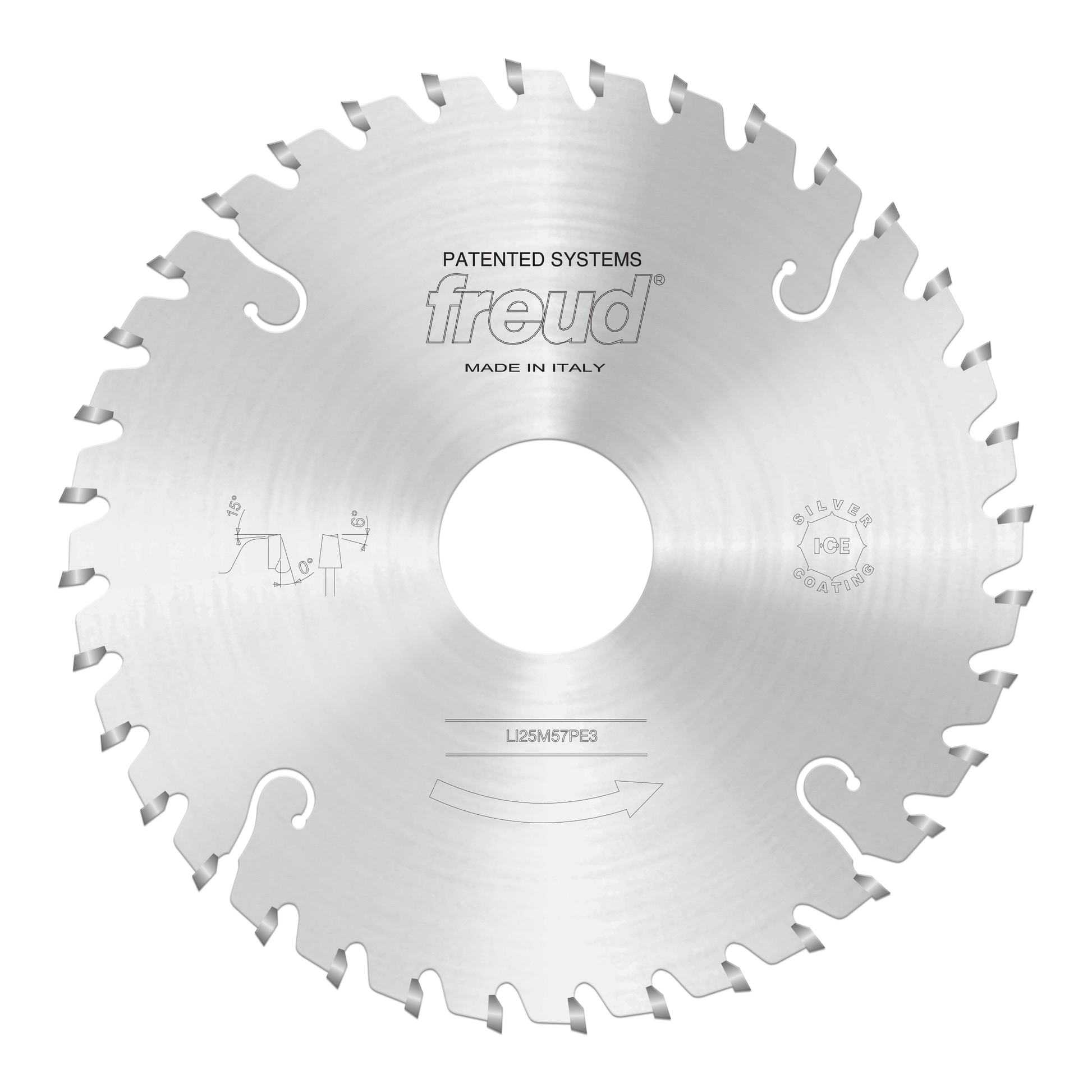 Circular saw blade with conical scoring teeth and center arbor hole on silver steel disc.