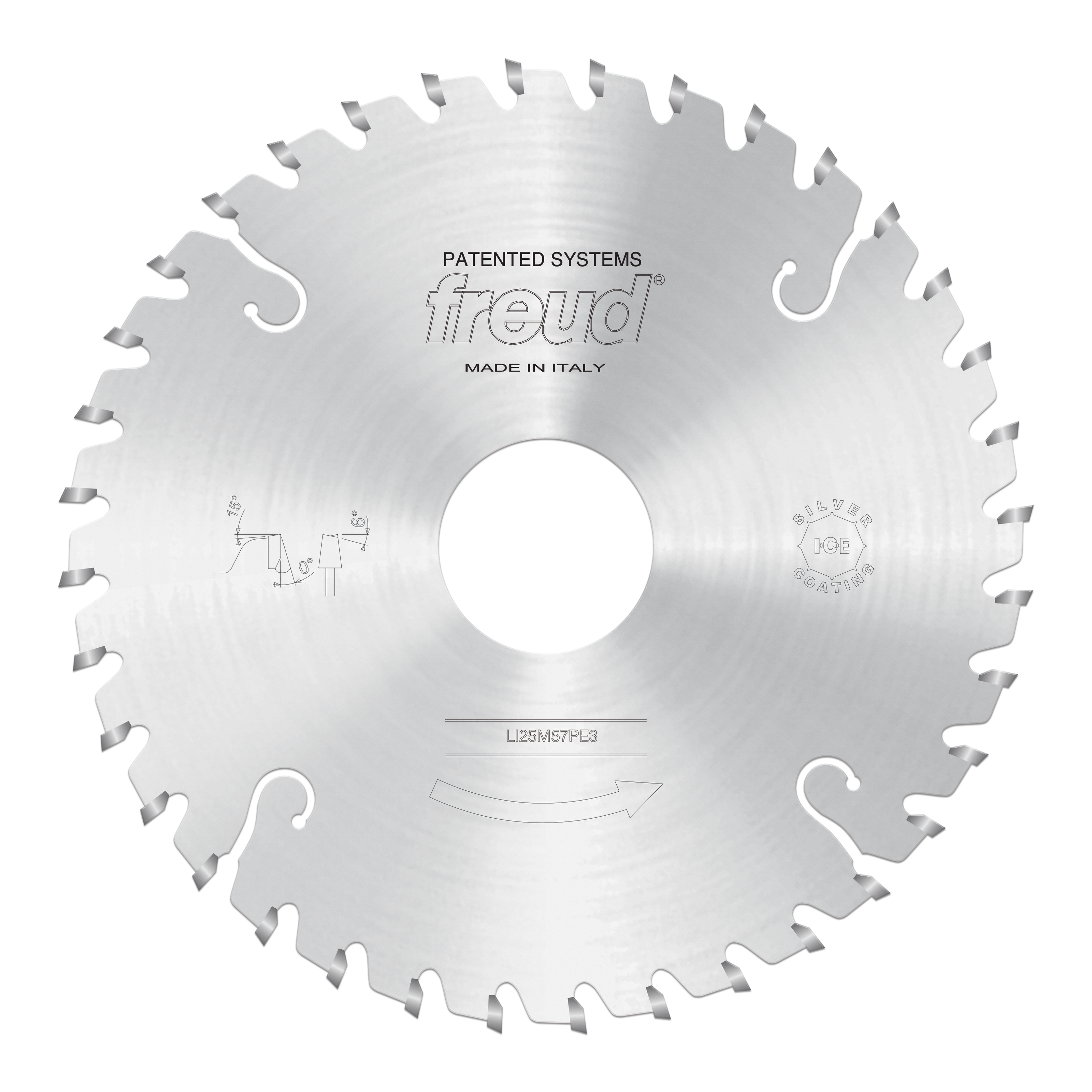 Circular saw blade with conical scoring teeth and center arbor hole on silver steel disc.