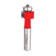 Freud router bit with red plastic body, metal shaft, and bearing collar for inlay work.