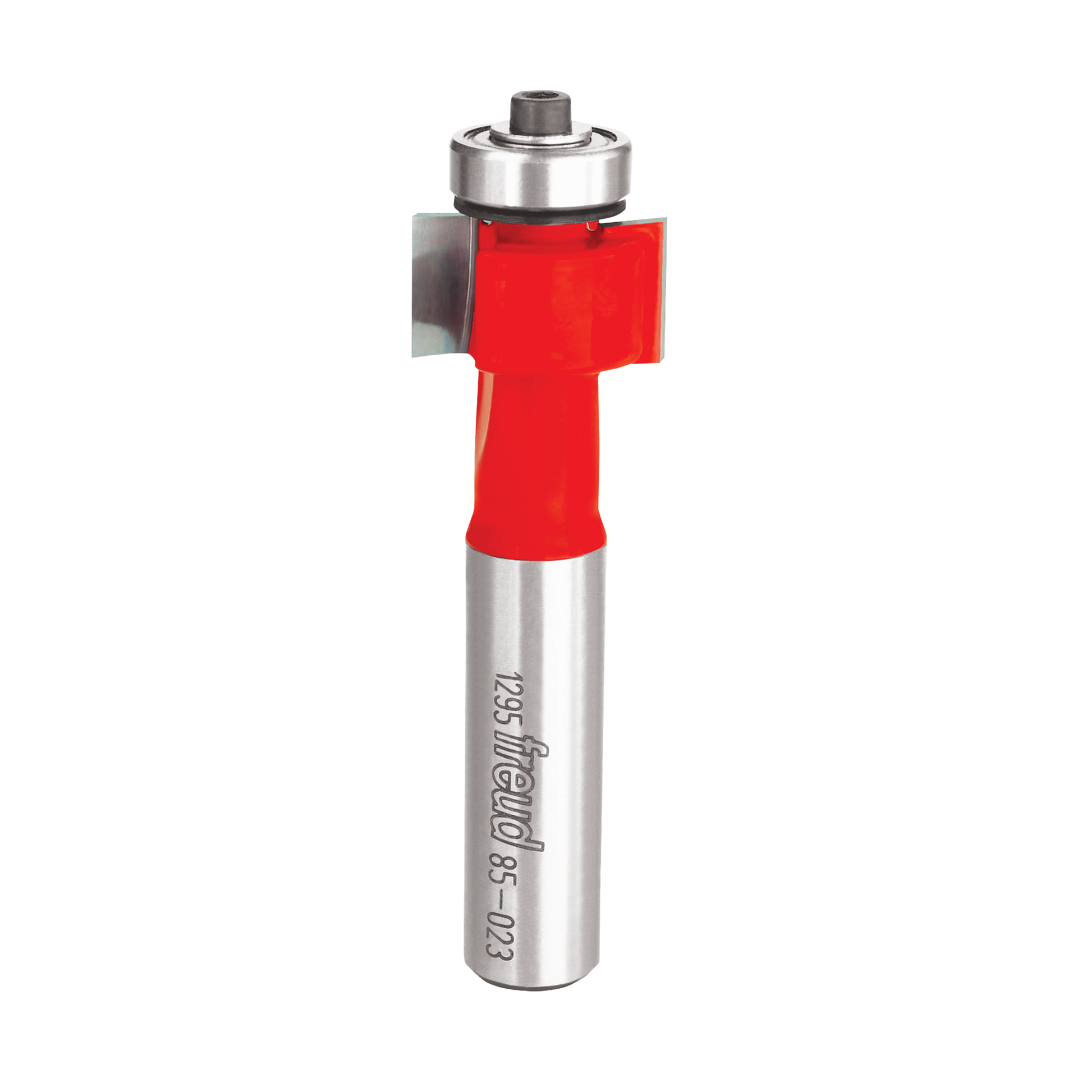 Freud router bit with red plastic body, metal shaft, and bearing collar for inlay work.