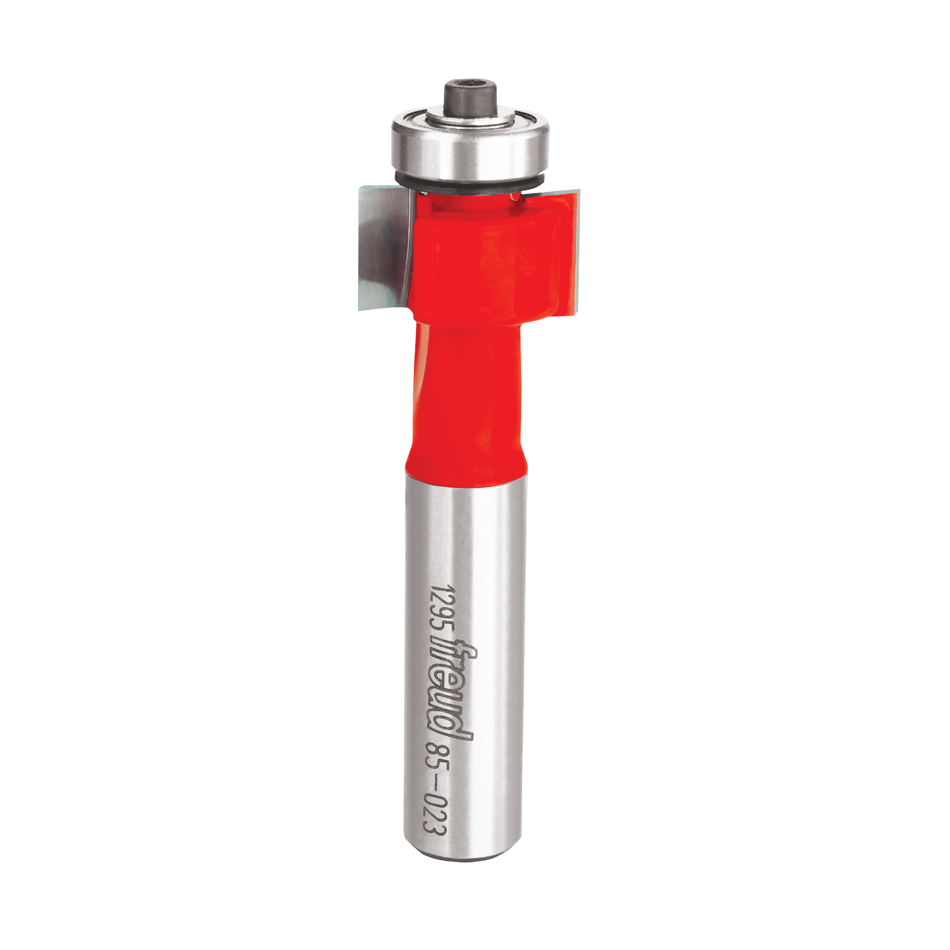 Freud router bit with red plastic body, metal shaft, and bearing collar for inlay work.