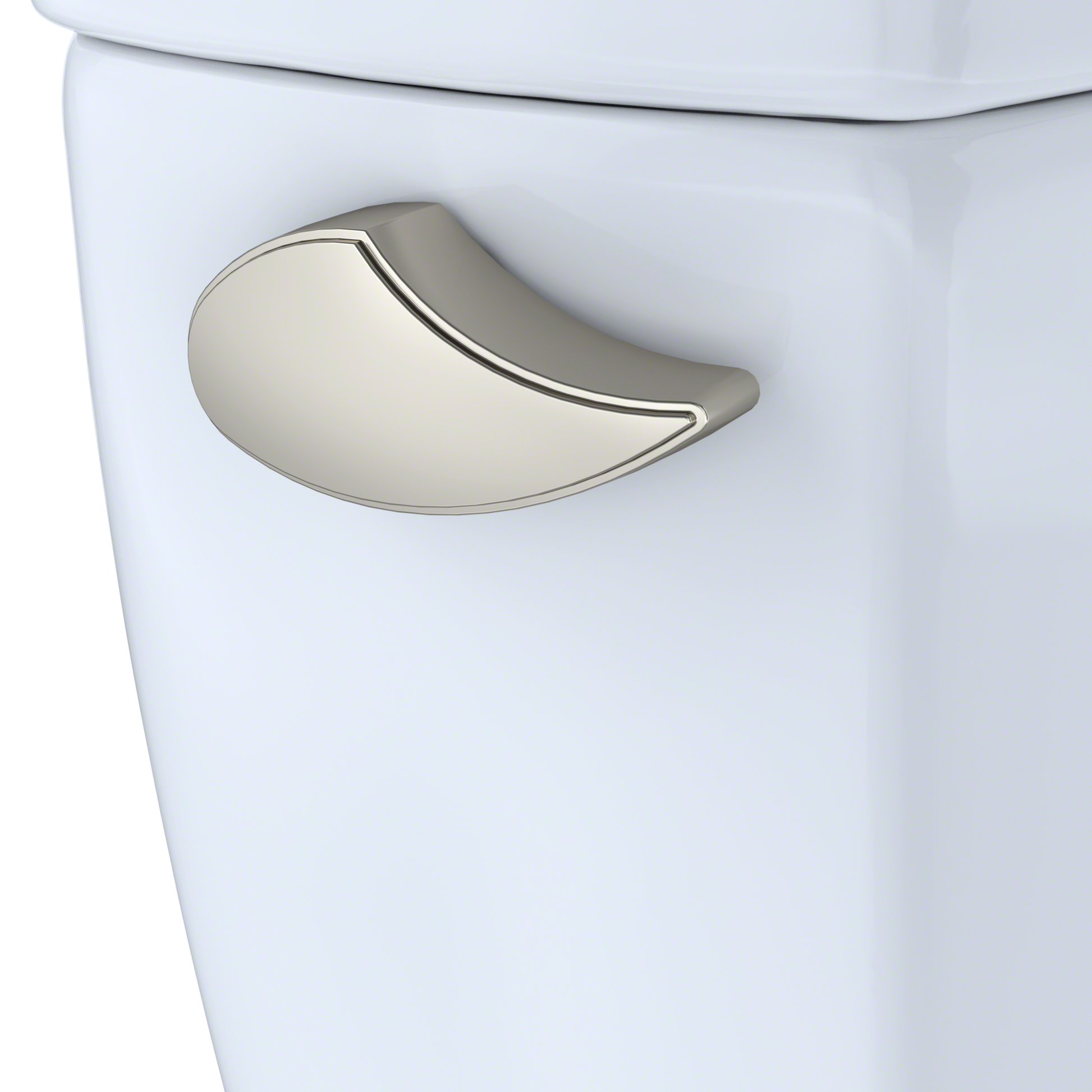 Brushed nickel trip lever with curved handle mounted on white toilet tank.