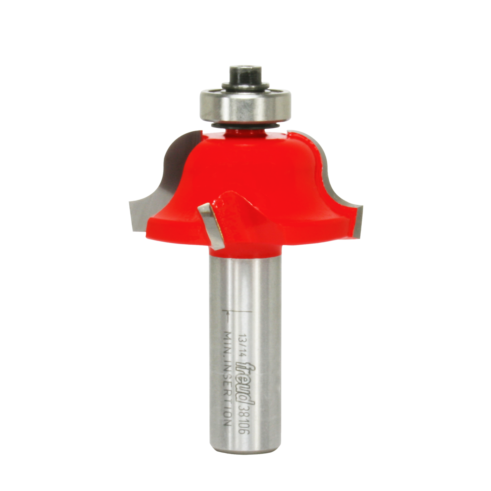 Freud Roman ogee router bit with red cutting head and silver metal shaft featuring ball bearing guide.
