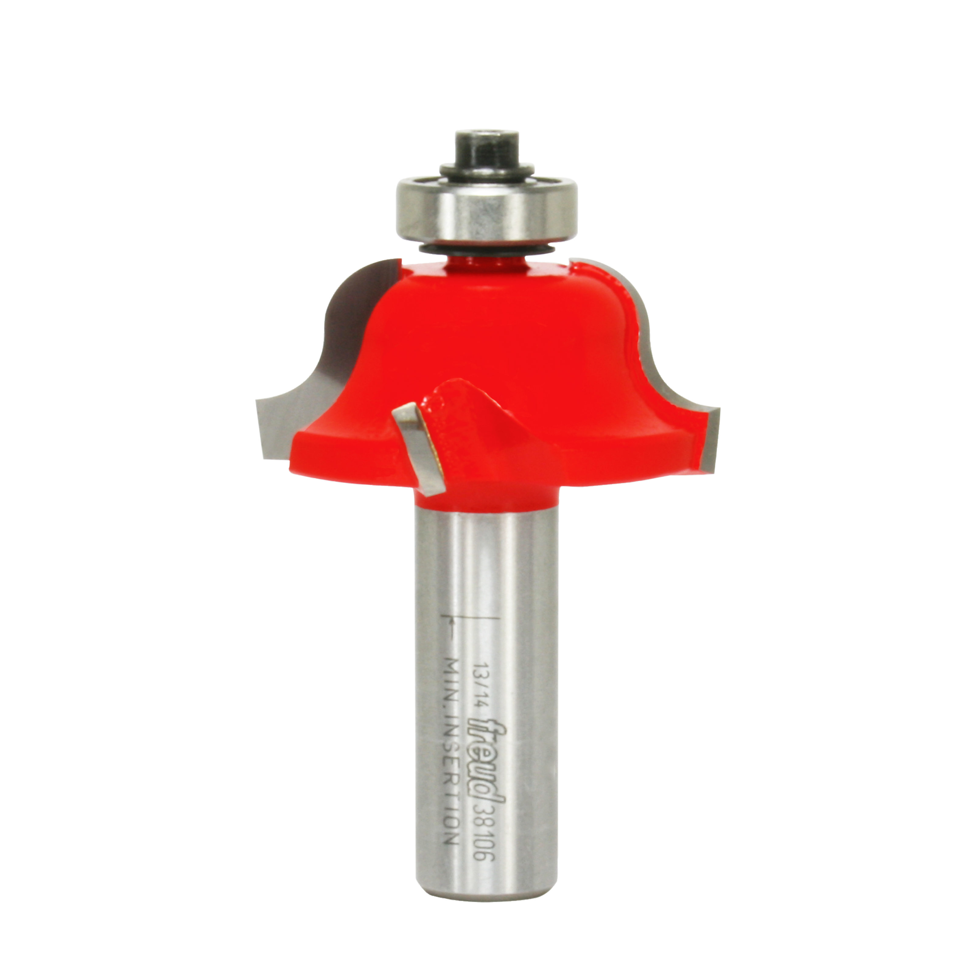 Freud Roman ogee router bit with red cutting head and silver metal shaft featuring ball bearing guide.