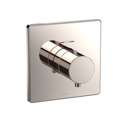 Polished nickel square thermostatic mixing valve shower trim with cylindrical handle and temperature adjustment indicators.