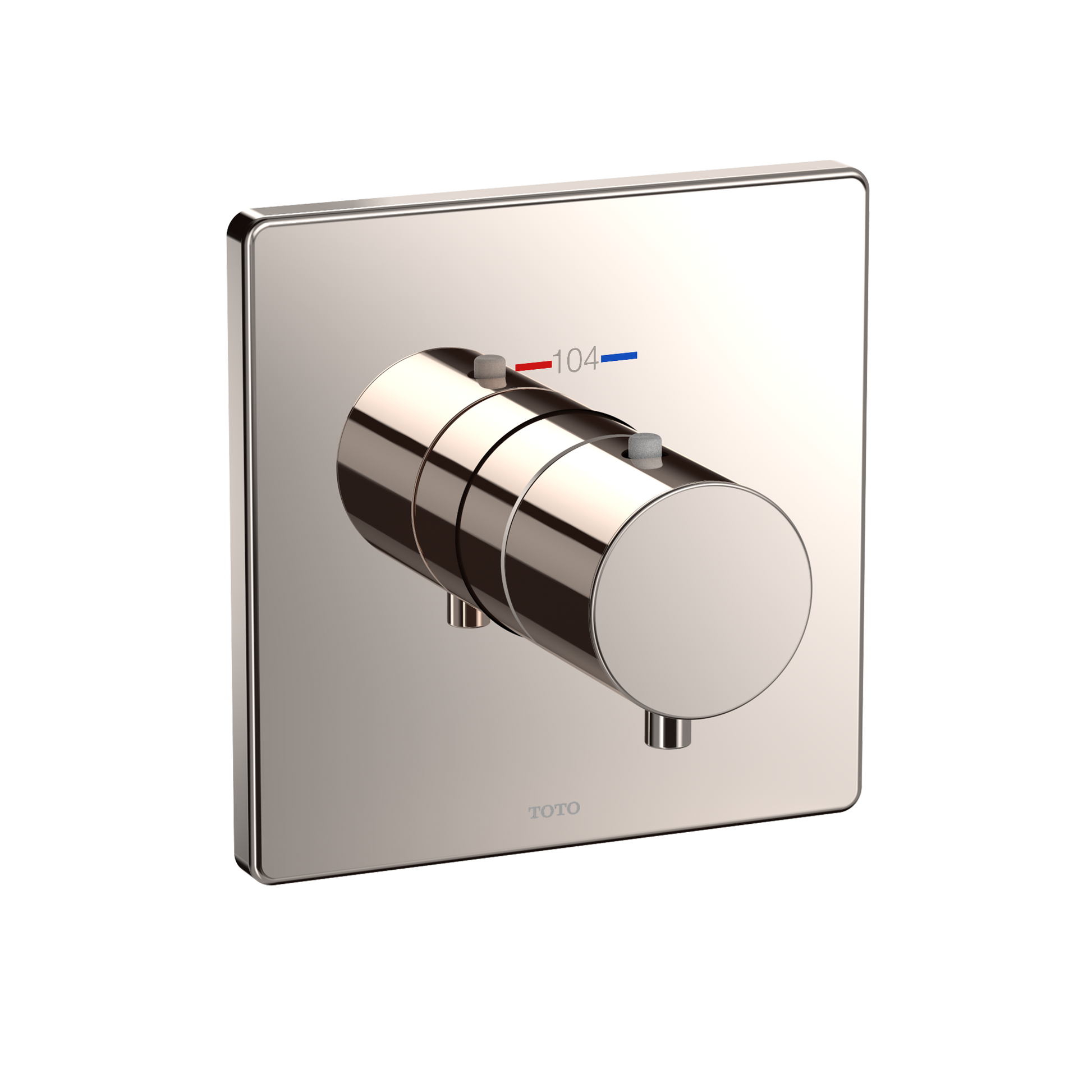 Polished nickel square thermostatic mixing valve shower trim with cylindrical handle and temperature adjustment indicators.