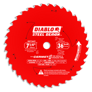 Red circular saw blade with 36 teeth labeled "Diablo Steel Demon" for cutting metal and stainless steel, 7-1/4 inches diamete