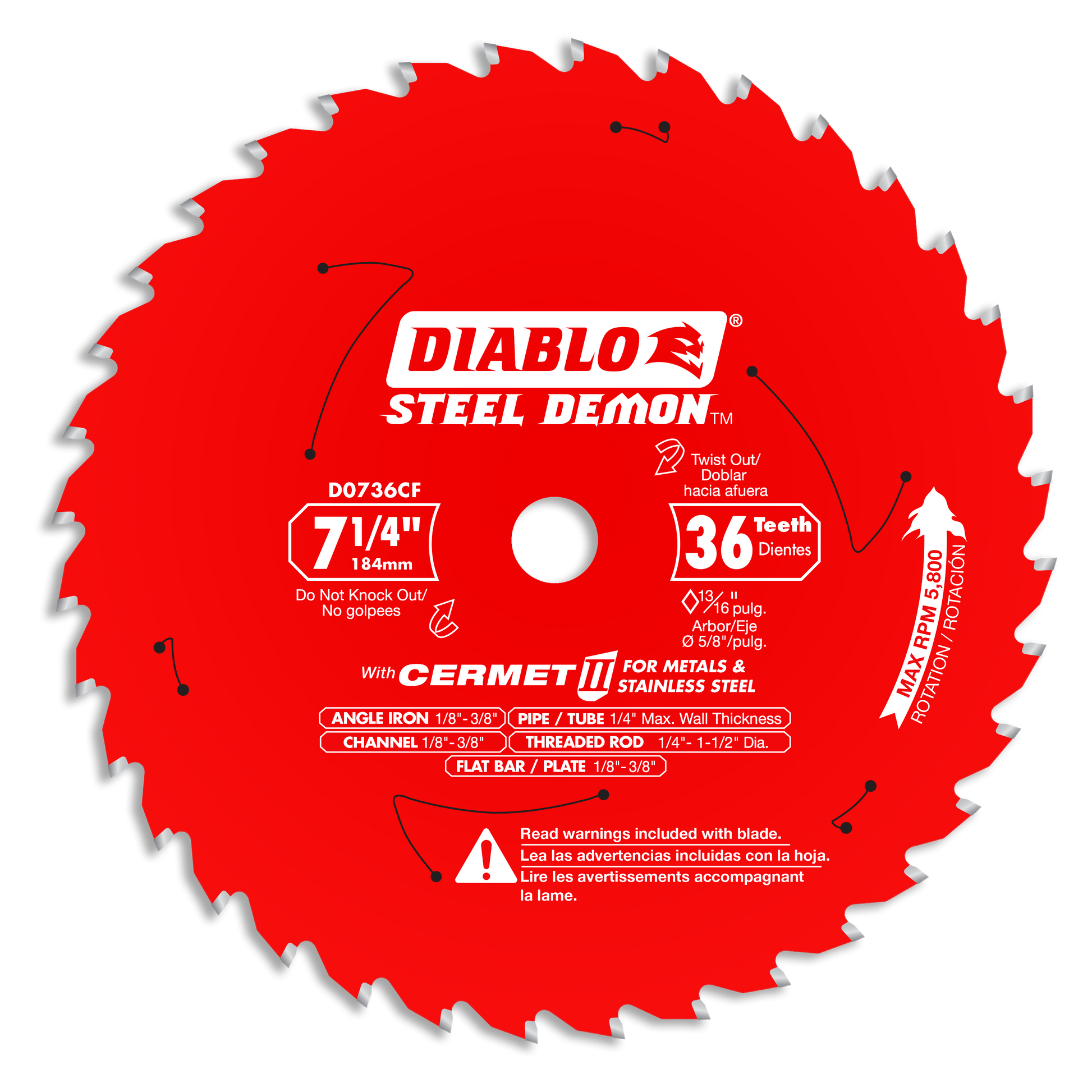 Red circular saw blade with 36 teeth labeled "Diablo Steel Demon" for cutting metal and stainless steel, 7-1/4 inches diamete