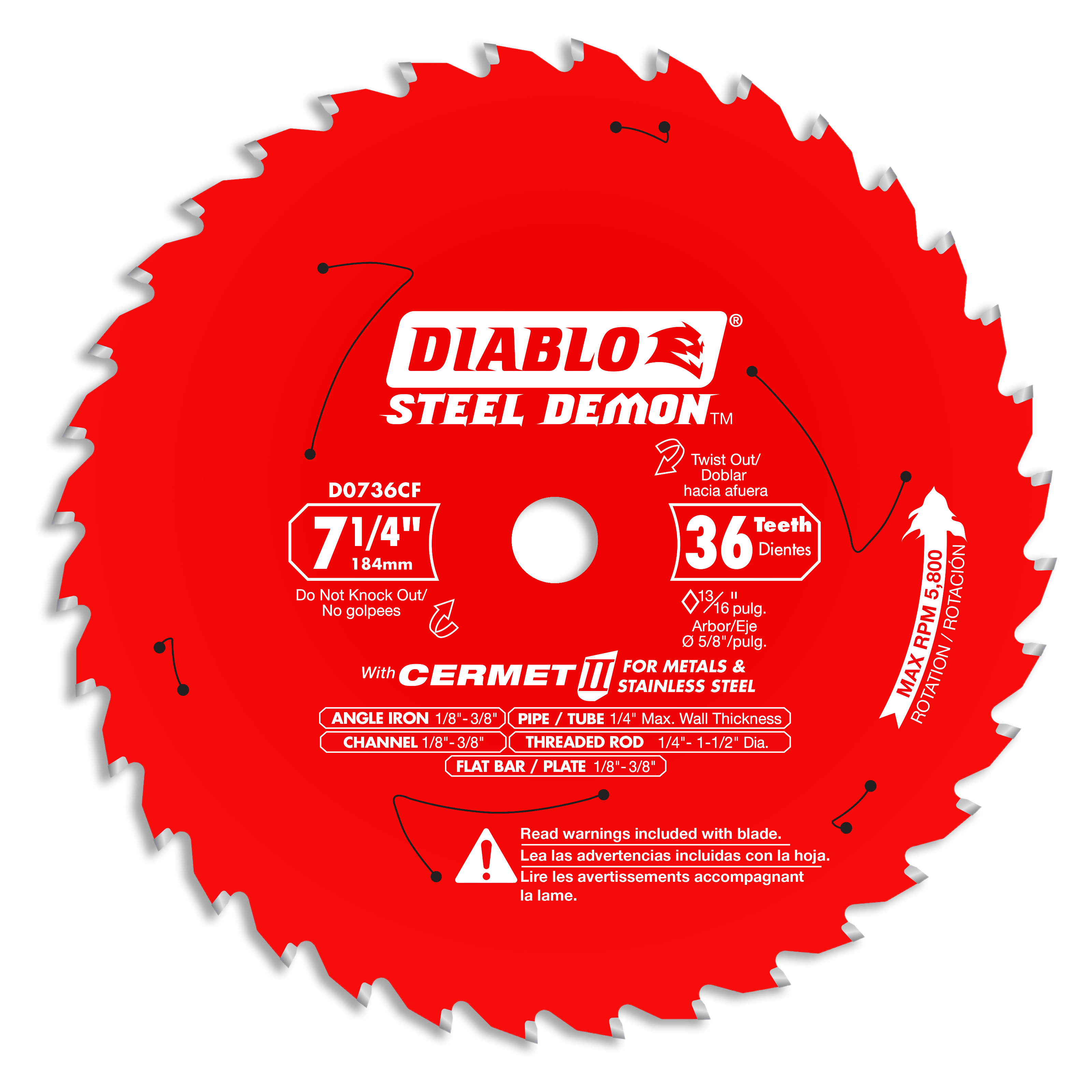 Red circular saw blade with 36 teeth labeled "Diablo Steel Demon" for cutting metal and stainless steel, 7-1/4 inches diamete