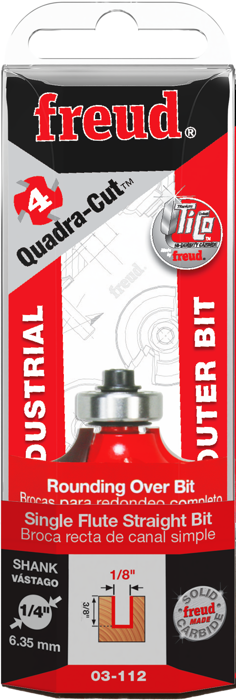 Freud 1/4" radius rounding over bit with 1/4" shank in clear plastic clamshell packaging.